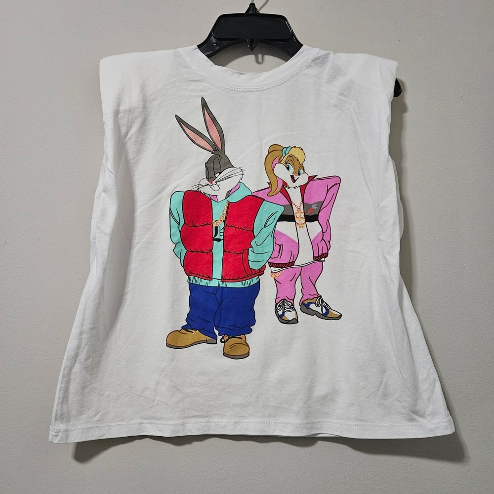 Zara Looney Tunes Bugs Lola Bunny Padded Shoulder Muscle Tee White Medium